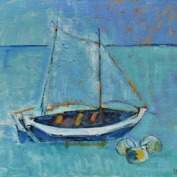 Painting titled "Blue Boat" by Vlasta, Original Artwork, Oil Mounted on Wood Stretcher frame