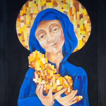 Painting titled "Madonna" by Eugenia Deniseva, Original Artwork, Tempera Mounted on Cardboard