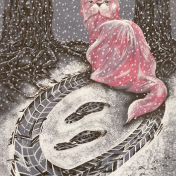 Drawing titled "Christmas Cat" by Eugenia Deniseva, Original Artwork, Tempera