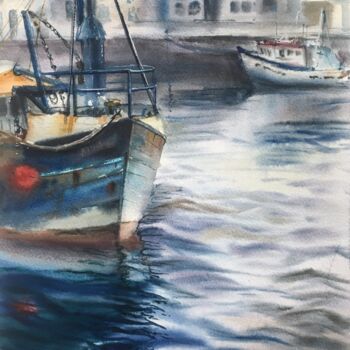 Картина под названием "Старый катер в порту" - Валентина Мороз, Подлинное произведение искусства, Акварель