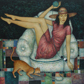 Malarstwo zatytułowany „игра с котом” autorstwa Volodia Popov-Massiaguine, Oryginalna praca, Akryl Zamontowany na Drewniana…