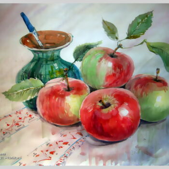 Peinture intitulée "Натюрморт з яблуками" par Volodimir Kudlai, Œuvre d'art originale, Aquarelle