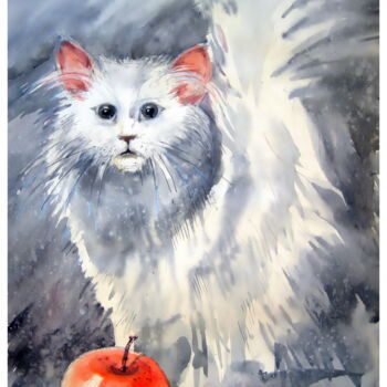 Painting titled "Натюрморт з яблуком" by Volodimir Kudlai, Original Artwork, Watercolor