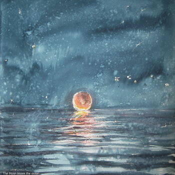 Malarstwo zatytułowany „The Moon kisses the…” autorstwa Володимир Кудлай, Oryginalna praca, Akwarela