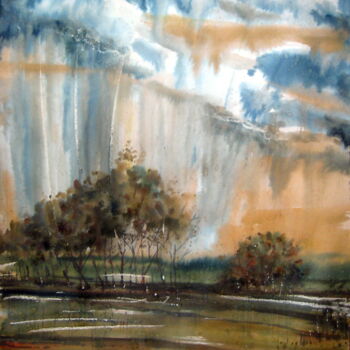 Painting titled "Осінній дощ" by Volodimir Kudlai, Original Artwork, Watercolor