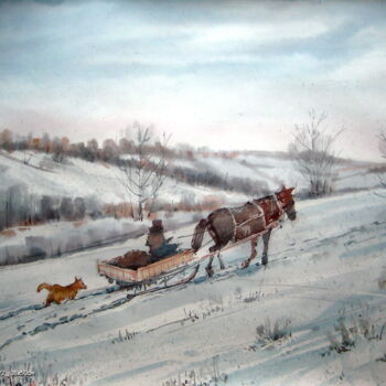 Картина под названием "По свіжому снігу" - Володимир Кудлай, Подлинное произведение искусства, Акварель