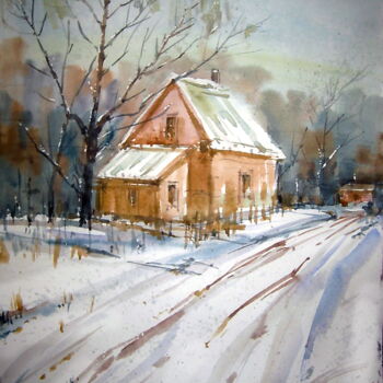 Картина под названием "It snowed again" - Володимир Кудлай, Подлинное произведение искусства, Акварель