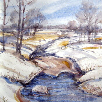 Painting titled "Відлига в січні" by Volodimir Kudlai, Original Artwork, Watercolor