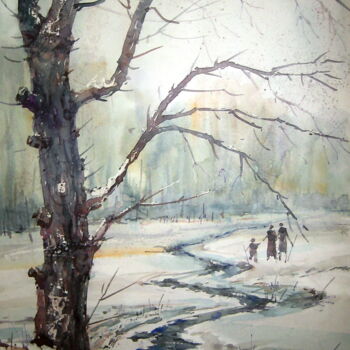 Painting titled "Знову зима" by Volodimir Kudlai, Original Artwork, Watercolor