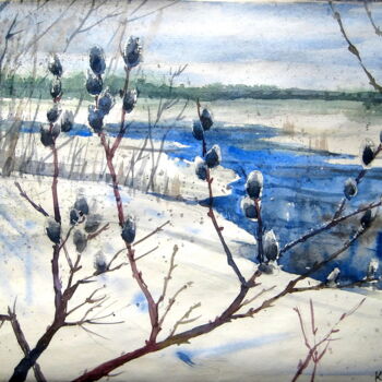 Painting titled "Spring landscape" by Volodimir Kudlai, Original Artwork, Watercolor