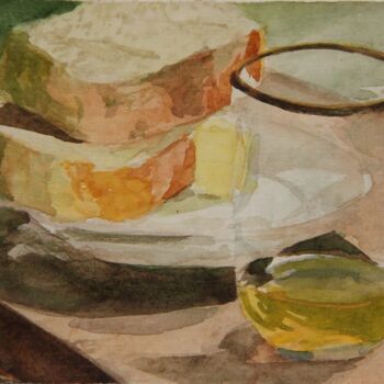 Pintura intitulada "3, Tea and bread, M…" por Volodymyr Chukhas, Obras de arte originais, Aquarela