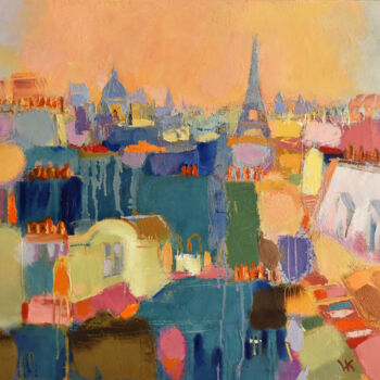 Painting titled "Over the rooftops o…" by Volodymyr Kolesnyk, Original Artwork, Oil Mounted on Wood Stretcher frame