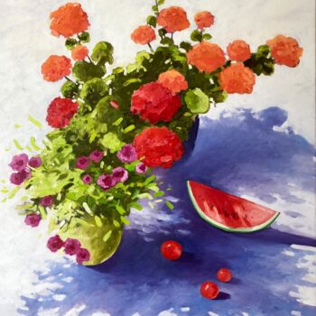Картина под названием "Flowers with waterm…" - Volodymyr Smoliak, Подлинное произведение искусства, Масло Установлен на Дере…