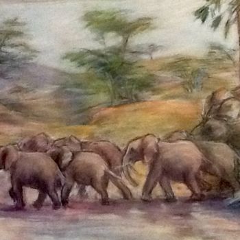 Painting titled "Les éléphants trave…" by Volpert, Original Artwork, Pastel Mounted on Cardboard