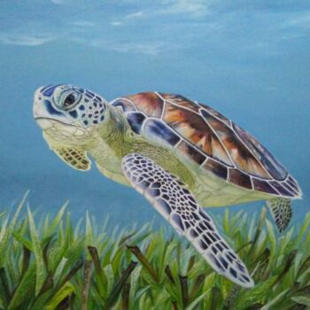 Painting titled "Tortuga en la prade…" by V.Oña, Original Artwork, Oil Mounted on Wood Stretcher frame