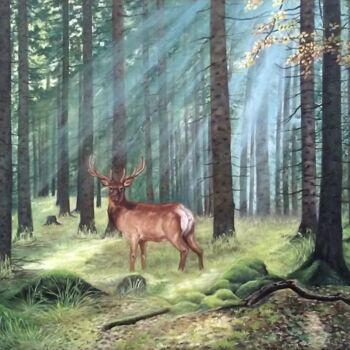 Peinture intitulée "Ciervo en bosque" par V.Oña, Œuvre d'art originale, Huile Monté sur Châssis en bois