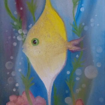 Painting titled "Fish in koral, dayw…" by Maryia Juris, Original Artwork, Oil Mounted on Cardboard