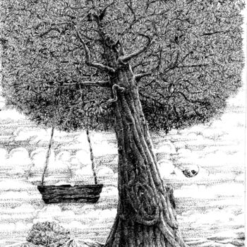 Drawing titled "Árvore e o balanço" by Voz Khumallo, Original Artwork, Gel pen