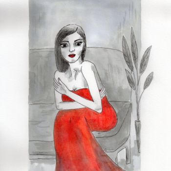 Schilderij getiteld "Lady in red" door Virginie Piatti, Origineel Kunstwerk, Aquarel Gemonteerd op Houten paneel