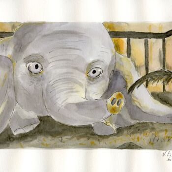 Pintura intitulada "Dumbo - Fais un voeu" por Virginie Piatti, Obras de arte originais, Aquarela