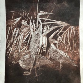 Printmaking titled "heron et canards" by Viviane Fasel, Original Artwork, Etching