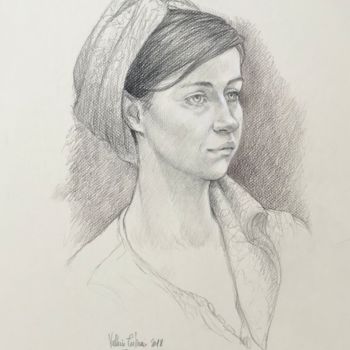 Zeichnungen mit dem Titel "Joséphine au Turban…" von V. Tertrais, Original-Kunstwerk, Conté-Buntstifte