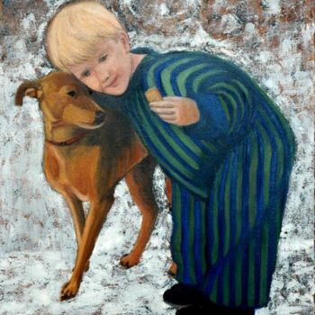 Pintura intitulada "enfant et petit chi…" por Danièle Vuillemin-Coq, Obras de arte originais