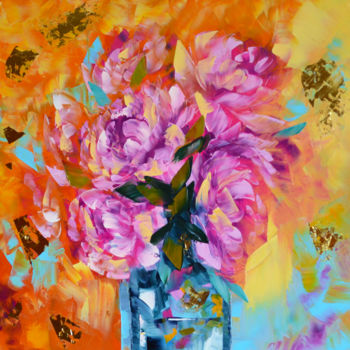Painting titled "Pink peonies in a v…" by Elena Vybiranets, Original Artwork, Oil