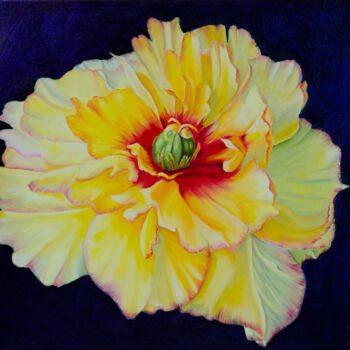 Painting titled "PEONY PAINTING YELL…" by Elena Vybiranets, Original Artwork, Oil Mounted on Wood Stretcher frame