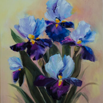 Malerei mit dem Titel "Blue IRISES, oil pa…" von Elena Vybiranets, Original-Kunstwerk, Öl Auf Keilrahmen aus Holz montiert