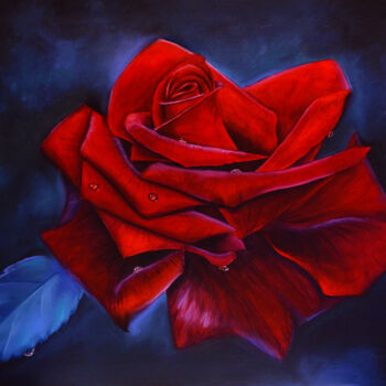 Painting titled "Red Rose, red flowe…" by Elena Vybiranets, Original Artwork, Oil Mounted on Wood Stretcher frame