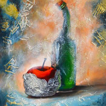 Schilderij getiteld "Bottle and apple." door Elena Vybiranets, Origineel Kunstwerk, Acryl