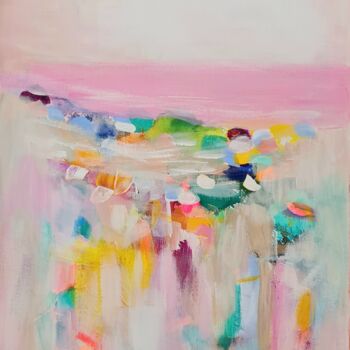 Painting titled "Pink Seascape" by Wioletta Gancarz, Original Artwork, Acrylic Mounted on Wood Stretcher frame