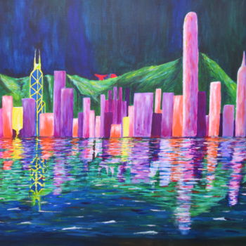 Painting titled "Hong Kong skyline" by Wabyanko, Original Artwork, Acrylic