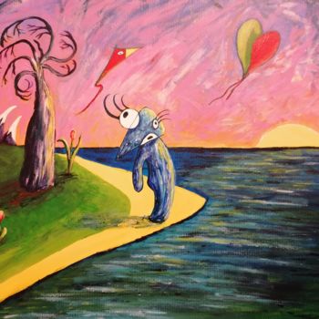 Painting titled "Sea sunset balloons" by Wabyanko, Original Artwork, Acrylic