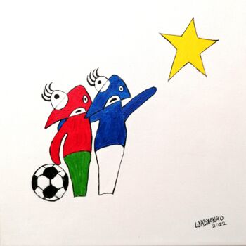 Картина под названием "Football Friends Ha…" - Wabyanko, Подлинное произведение искусства, Акрил Установлен на Деревянная ра…