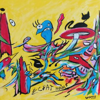 Painting titled "Chat Noir ciel jaune" by Wabyanko, Original Artwork, Acrylic Mounted on Wood Stretcher frame