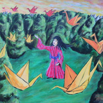 Painting titled "Sadako Cranes" by Wabyanko, Original Artwork, Acrylic