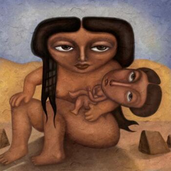 Digital Arts titled "A woman and her chi…" by Wael Hamid, Original Artwork, Digital Painting