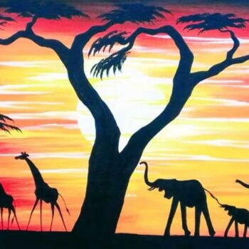 Schilderij getiteld "Sunset in Savannah" door Waiswa Arts, Origineel Kunstwerk, Acryl