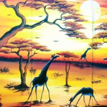 Painting titled "Giraffes in the Sav…" by Waiswa Arts, Original Artwork, Acrylic