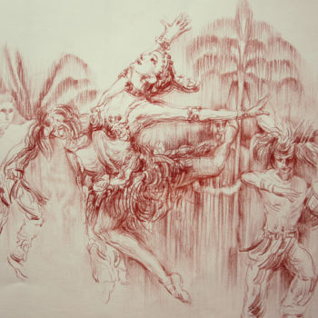 Dessin intitulée "La danse indienne" par Walid Lemkecher, Œuvre d'art originale, Crayon