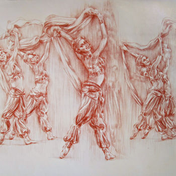 Dessin intitulée "La danse aux foular…" par Walid Lemkecher, Œuvre d'art originale, Crayon