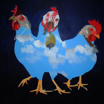 Schilderij getiteld "Die 3 Hennen" door Walter Lehmann, Origineel Kunstwerk, Acryl