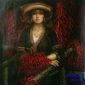Painting titled "辣椒.苗女(80x60)-1994" by Wancheng Liang, Original Artwork