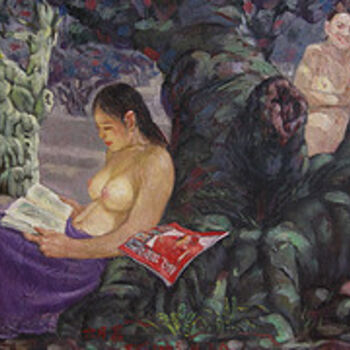 Painting titled "荔枝女读书" by Wancheng Liang, Original Artwork