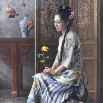 Obrazy i ryciny zatytułowany „The Beloved Looking…” autorstwa Mingyue Wang 王明月, Oryginalna praca, Olej