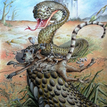 Peinture intitulée "lemurs-and-snake-1.…" par Robert Décurey, Œuvre d'art originale, Aquarelle