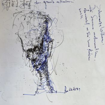 Drawing titled "Kopfgeburt" by Stephan Rodriguez Warnemünde, Original Artwork, Ballpoint pen