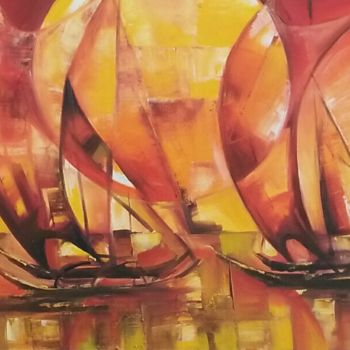 Painting titled "Sails at Sunset" by Wasantha Ranjan, Original Artwork, Acrylic Mounted on Wood Stretcher frame